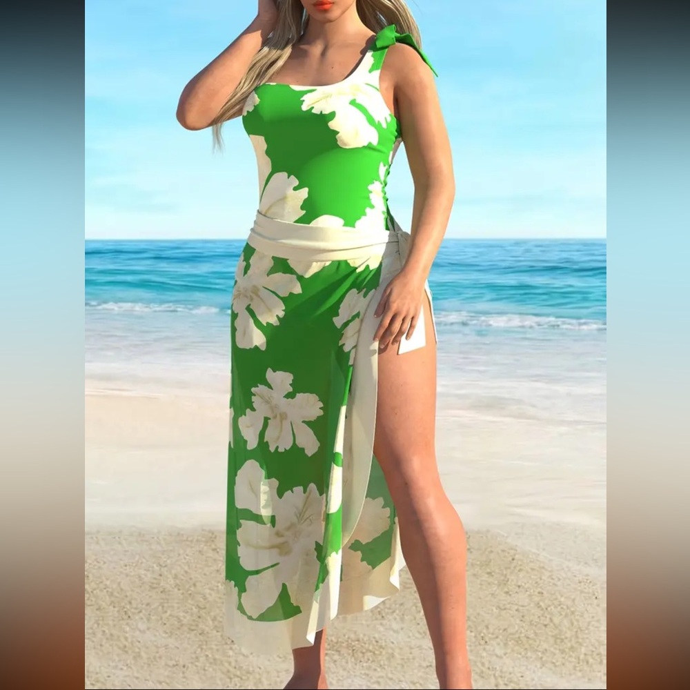 NEW Swimsuit and Sarong Set, Floral Green - #SW-SAR-0003